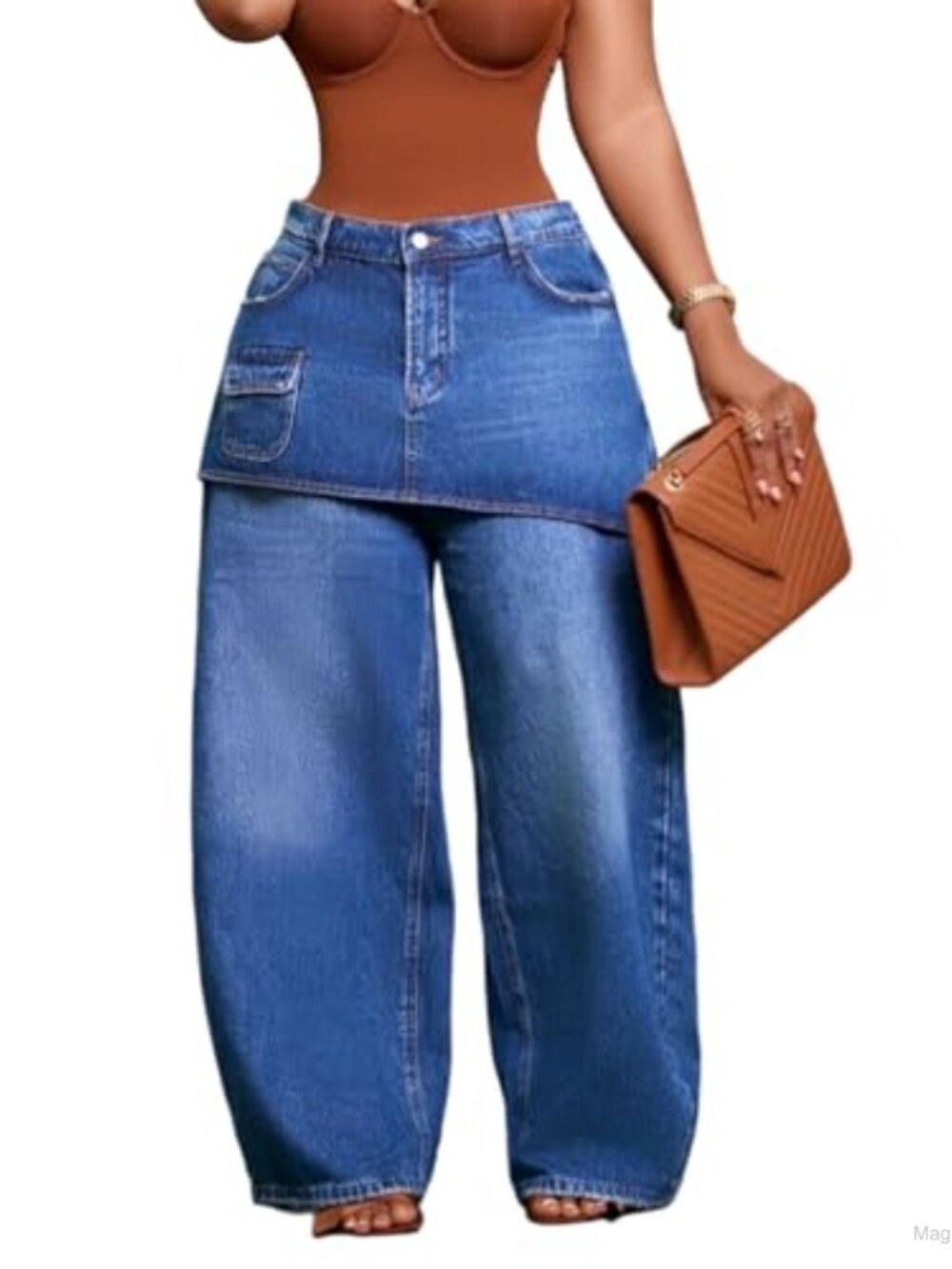 Asymmetrical Skirt Overlay Wide Leg Barrel Jeans High Waisted Y2K Cargo Denim